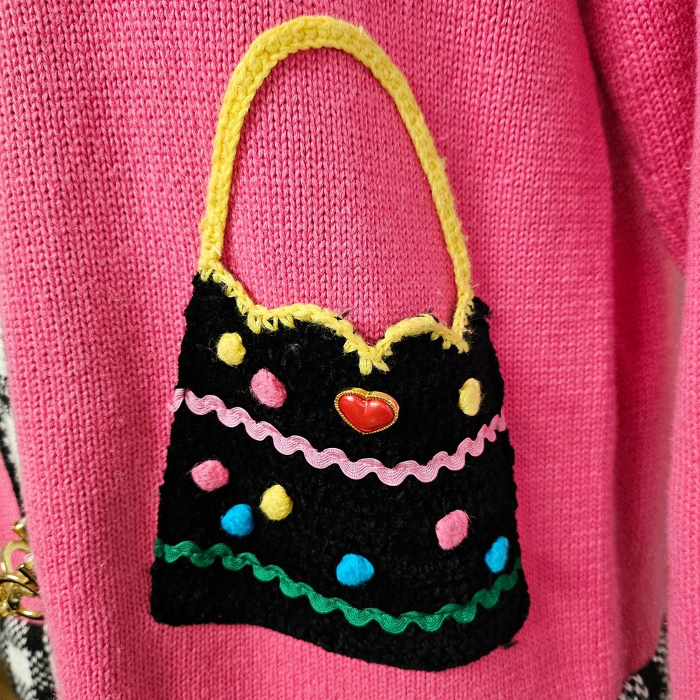 Vintage 80s Retro Berek2 Pink Knit Whimsy Purse Cardigan Size M Artsy Dopamine - Picture 4 of 9